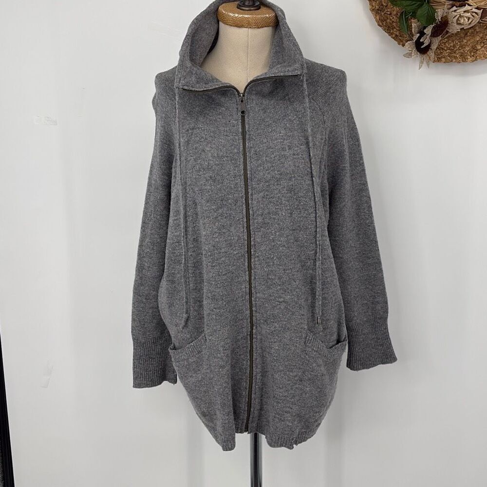 Ellen Tracy 100% Wool Zip Cardigan Jacket Funnel Neck Oversized Grey M‎